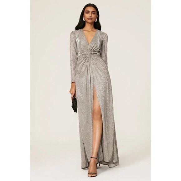 Ieena for Mac Duggal Dresses & Skirts - Ieena for Mac Duggal Silver Sequin Side Slit Ruched V-neck Gown Size 4